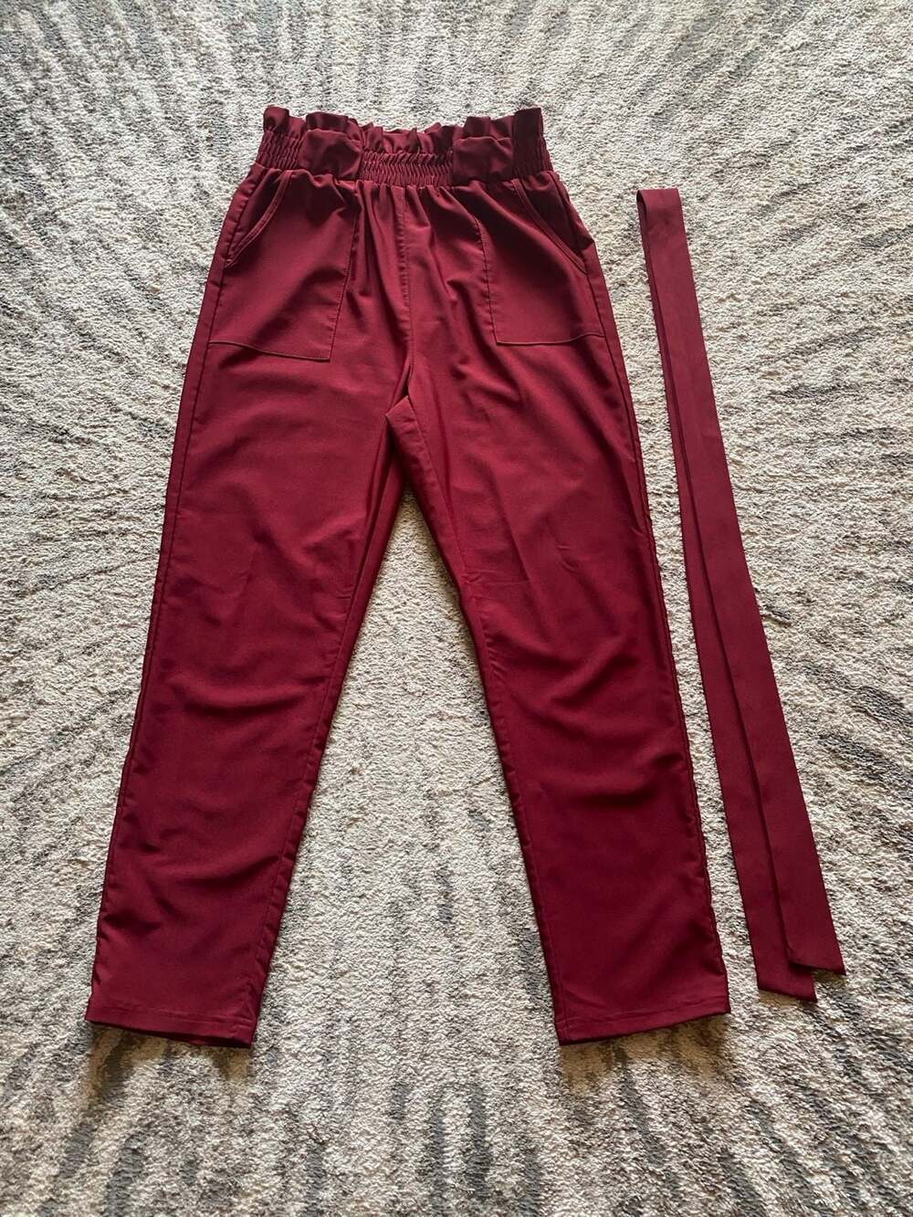 Grace Karin Wine Red Paper Bag Waist Pants with Bow Tie and Pockets